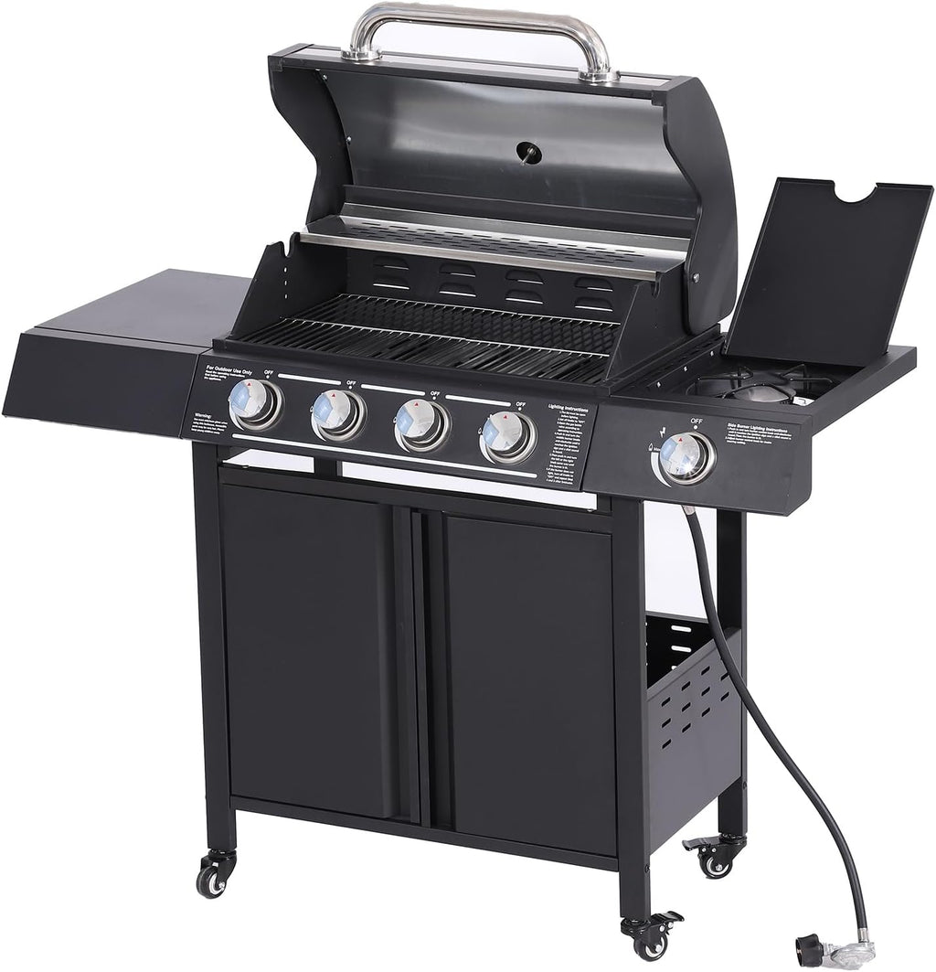4-Burner Propane Gas BBQ Grill with Side Burner, Cast Iron 50,000 BTU Stainless Steel Grates G2278