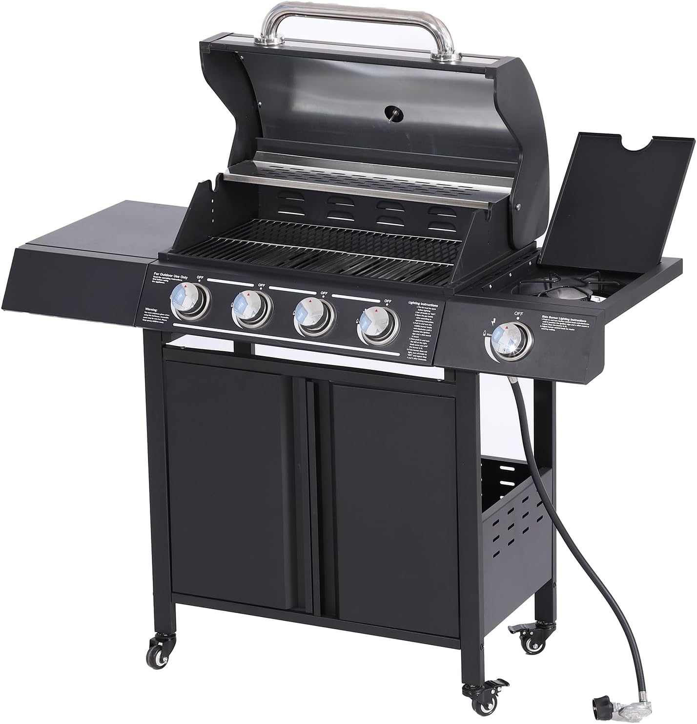 4-Burner Propane Gas BBQ Grill with Side Burner, Cast Iron 50,000 BTU Stainless Steel Grates G2278