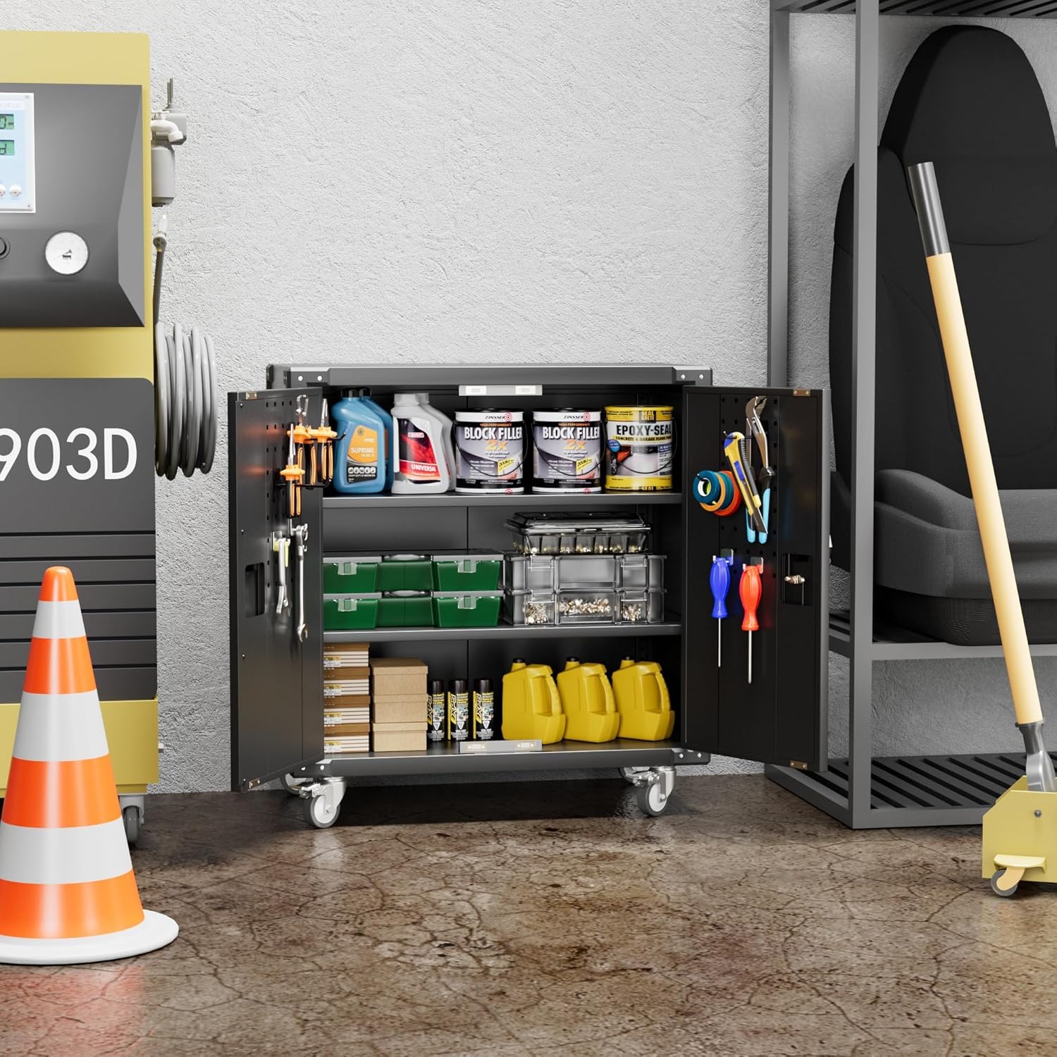 Black Metal Steel Storage Cabinet with Wheels and Pegboard F631884