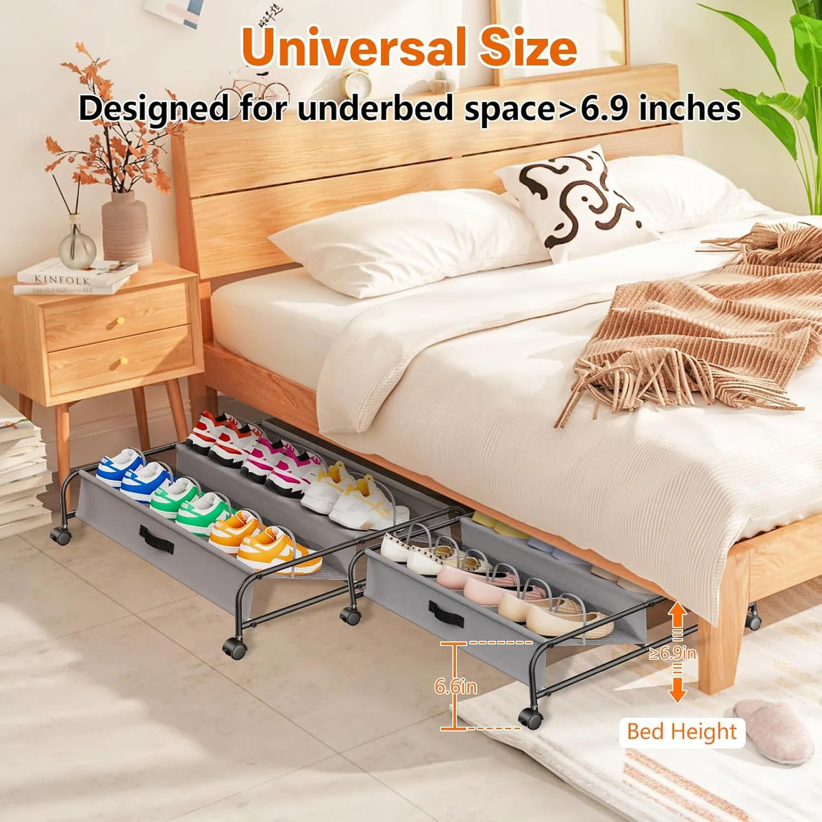 2 Pack Rolling Under Bed Shoe Storage with Breathable Mesh Pockets O102811