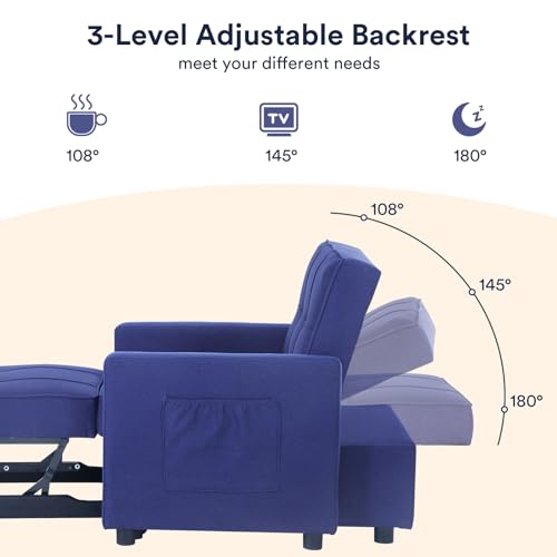 Blue Velvet Convertible Sleeper Sofa Bed with 2 Pillows Q986