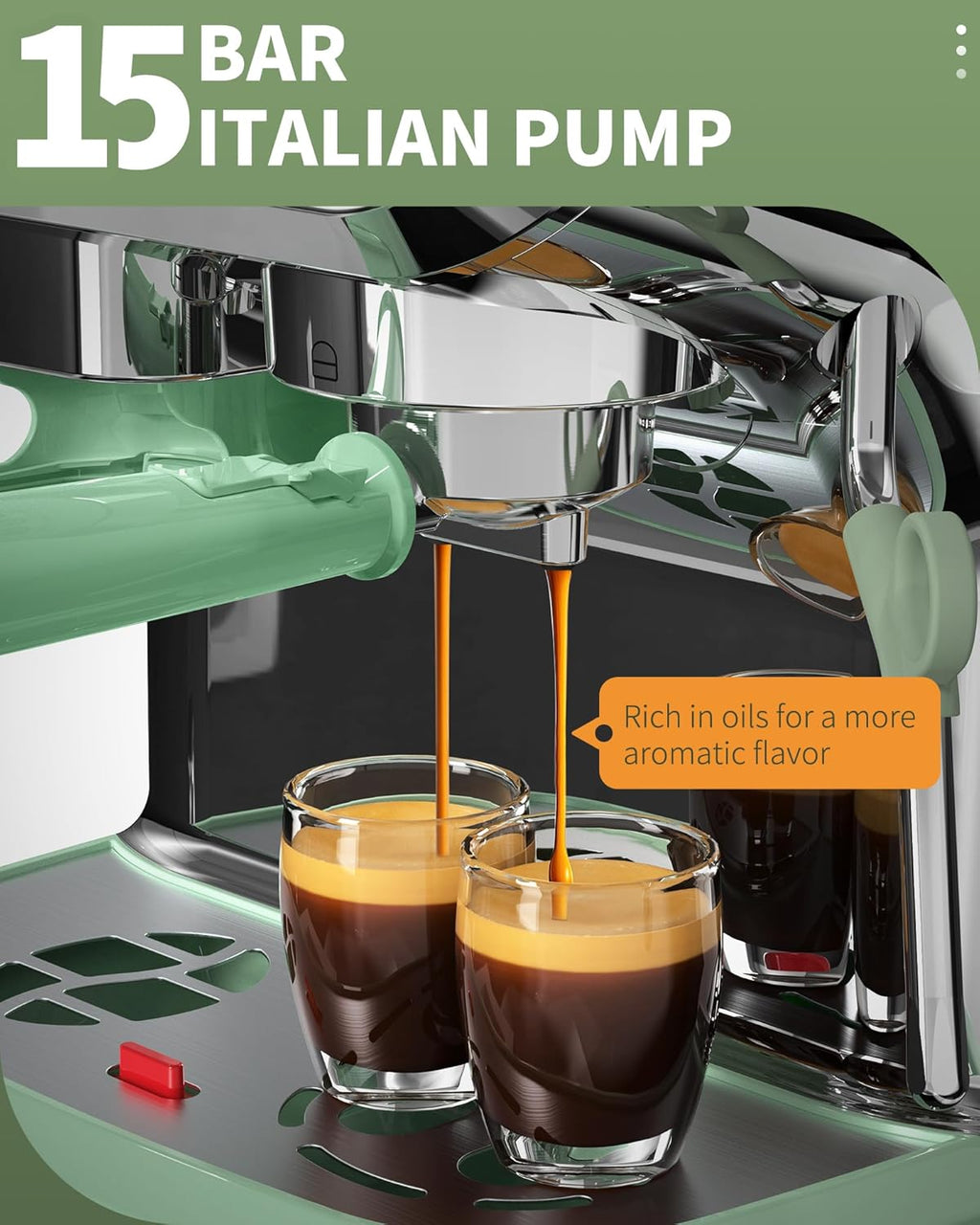 15 Bar Espresso Machine with Grinder and Steam Wand, 68Oz Water Tank, Green C952046