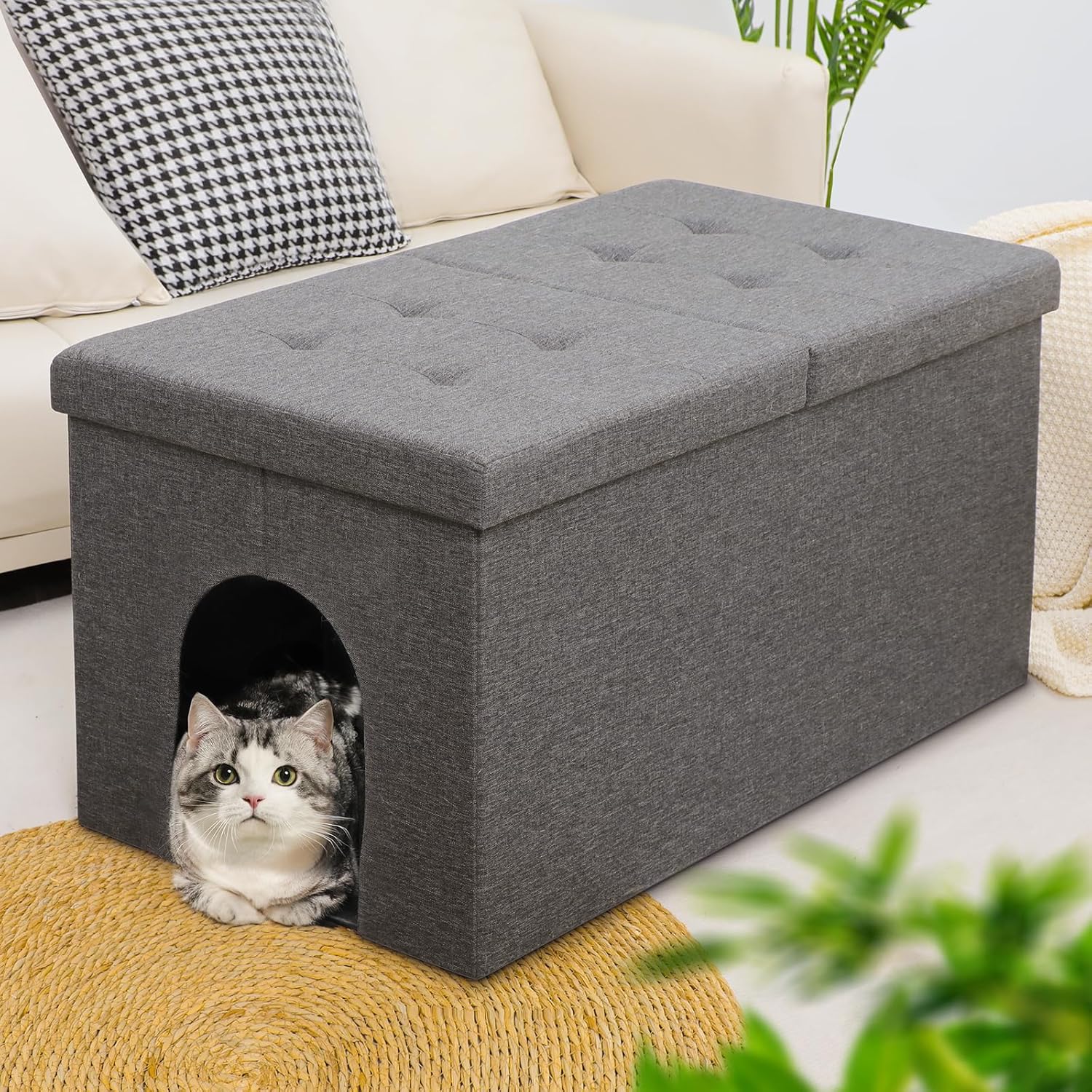 Gray Cat Litter Box Enclosure Furniture Ottoman with Flip-Up Lid (30 x 20 x 20 Inches) Z844589