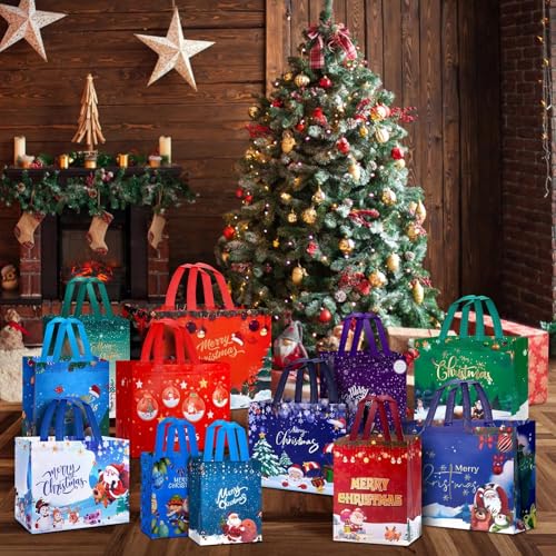 24 Pack Assorted Sizes Reusable Non-Woven Christmas Gift Bags B248