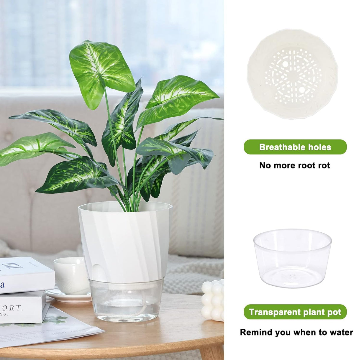 6 Pack Self Watering White Plant Pots Q424255