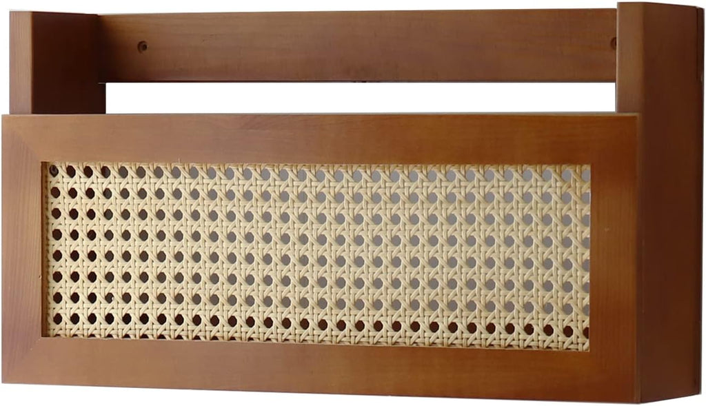 Wall Wood Magazine Rack with PE Rattan Grid, Size 17.3" x 4" x 9.4", Brown S2051