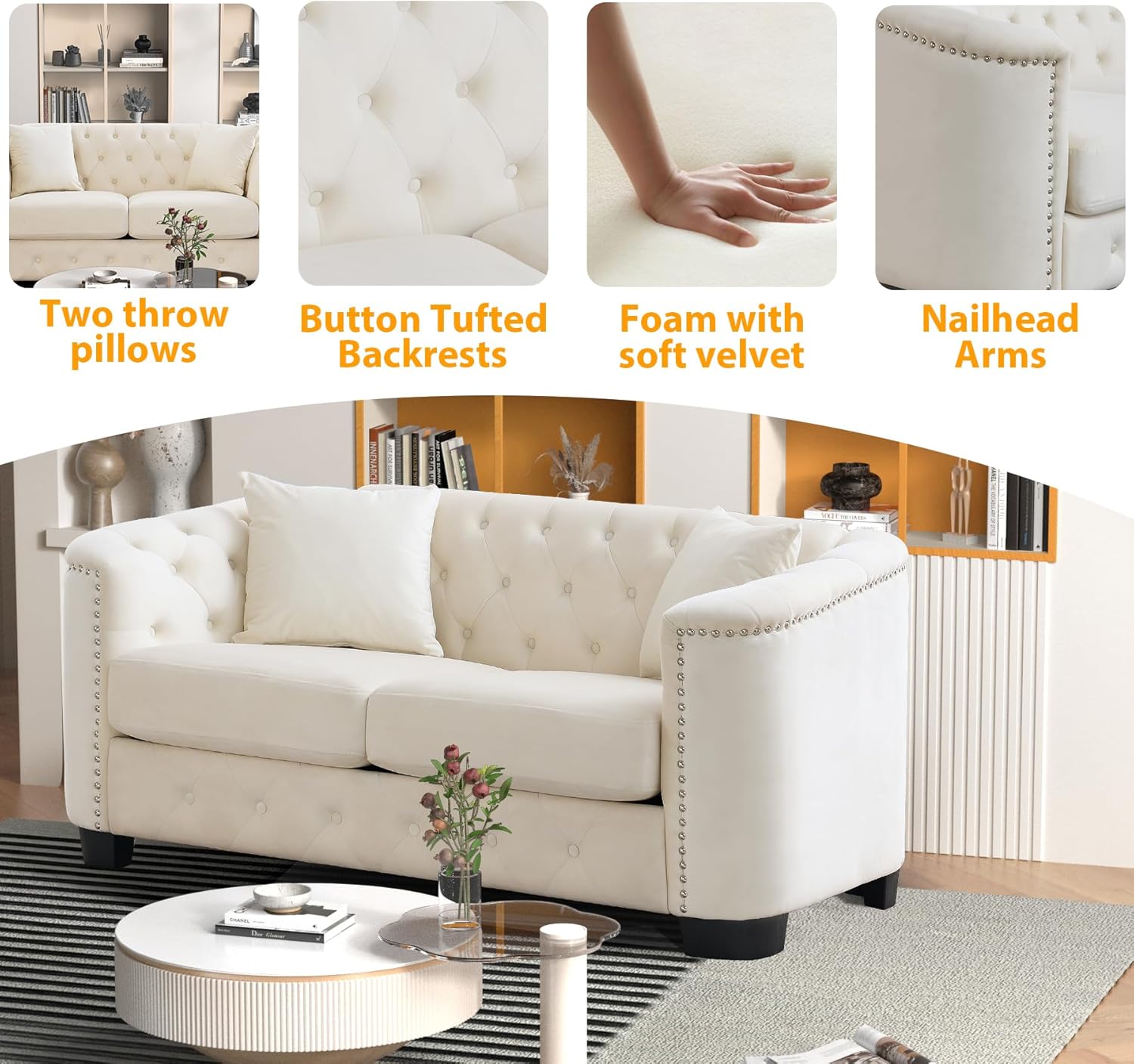 Beige Velvet 3-Seater Sofa with 2 Pillows L813517