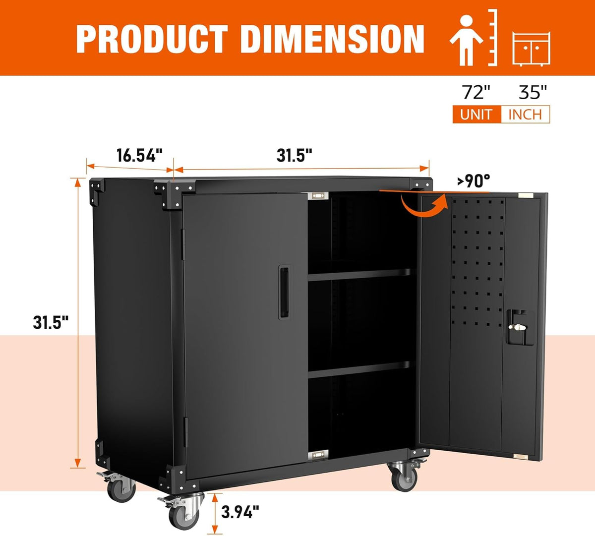 Black Metal Steel Storage Cabinet with Wheels and Pegboard F631884
