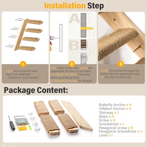 2 Pack 4 Steps Cat Wall Shelves with Sisal Rope S465239