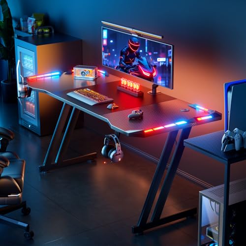 47 Inch Gaming Desk with LED Lights Carbon Fibre Surface S82709