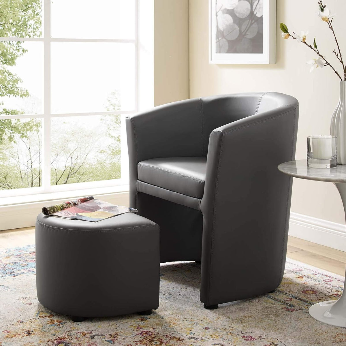 Gray Faux Leather Armchair And Ottoman Set X20316