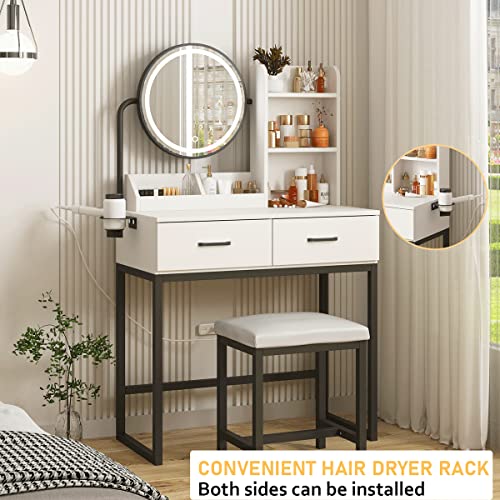 White Vanity Desk with Round Mirror and Lights and Hair Dryer Rack (Brown and Black, 15.75 * 31.5 * 53.6in) S917713