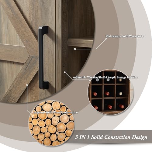 Gray Wash Wooden Coffee Bar Cabinet with Wine Rack Barn Door and Drawer B576