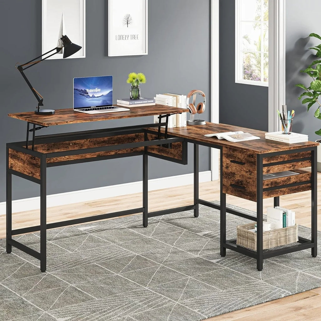 L-Shaped 59" Computer Desk with Drawers Corner Desk with Lift Top E55184