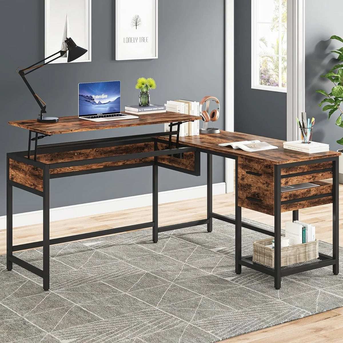L-Shaped 59" Computer Desk with Drawers Corner Desk with Lift Top E55184