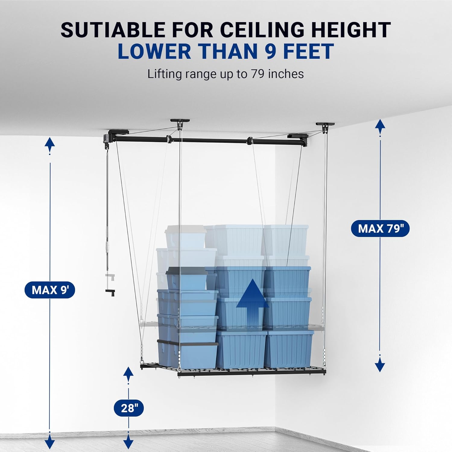4x4 Ft Overhead Garage Storage Rack, Satin Black R420