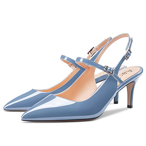 Women Pumps Pointed Toe Ankle Strap Slingback Stiletto Kitten Low Heel Dress Shoes Patent 2.5 Inch R98593