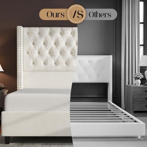 King Upholstered Bed Frame with Tall Headboard Wingback Platform Bed Tufted Deep Button Velvet Light Grey S75347