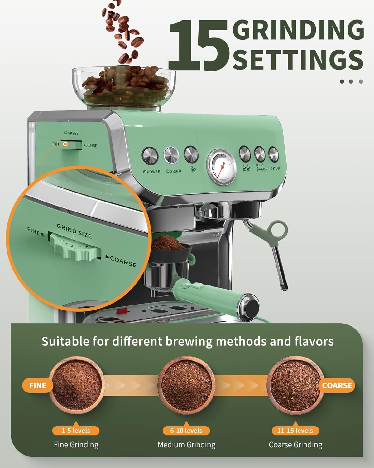 15 Bar Espresso Machine with Grinder and Steam Wand, 68Oz Water Tank, Green C952046