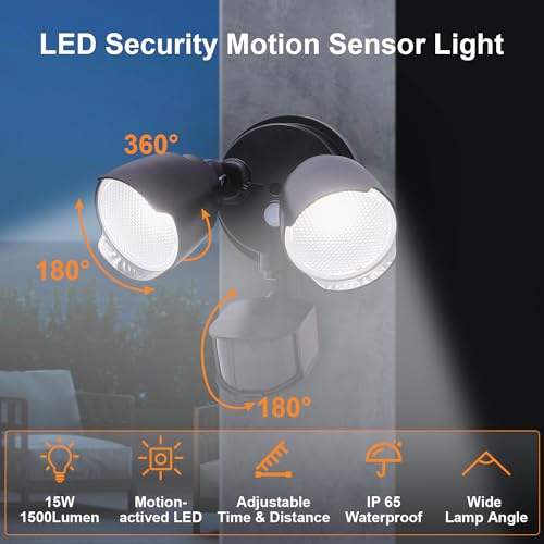 15W 1500 Lumen LED Security Lights with Motion Sensor Outdoor, 3000K/5000K Light, IP65 Waterproof, Dusk to Dawn, Dual-Head Flood Wall Light (Black) W282