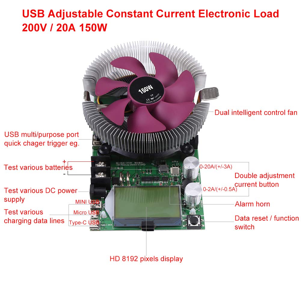 150W 200V 20A USB Adjustable Constant Current Electronic Load Battery Capacity Tester Module Power Meter Y871846
