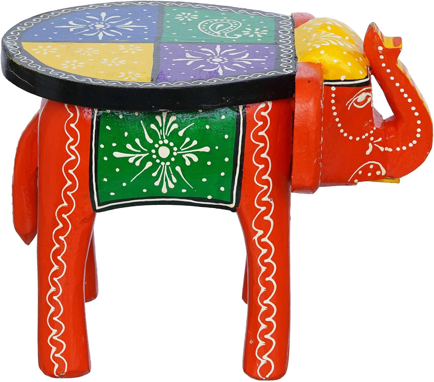 Handcrafted Emboss Painted Colorful Wooden Elephant Shape Stool Table Medium T603
