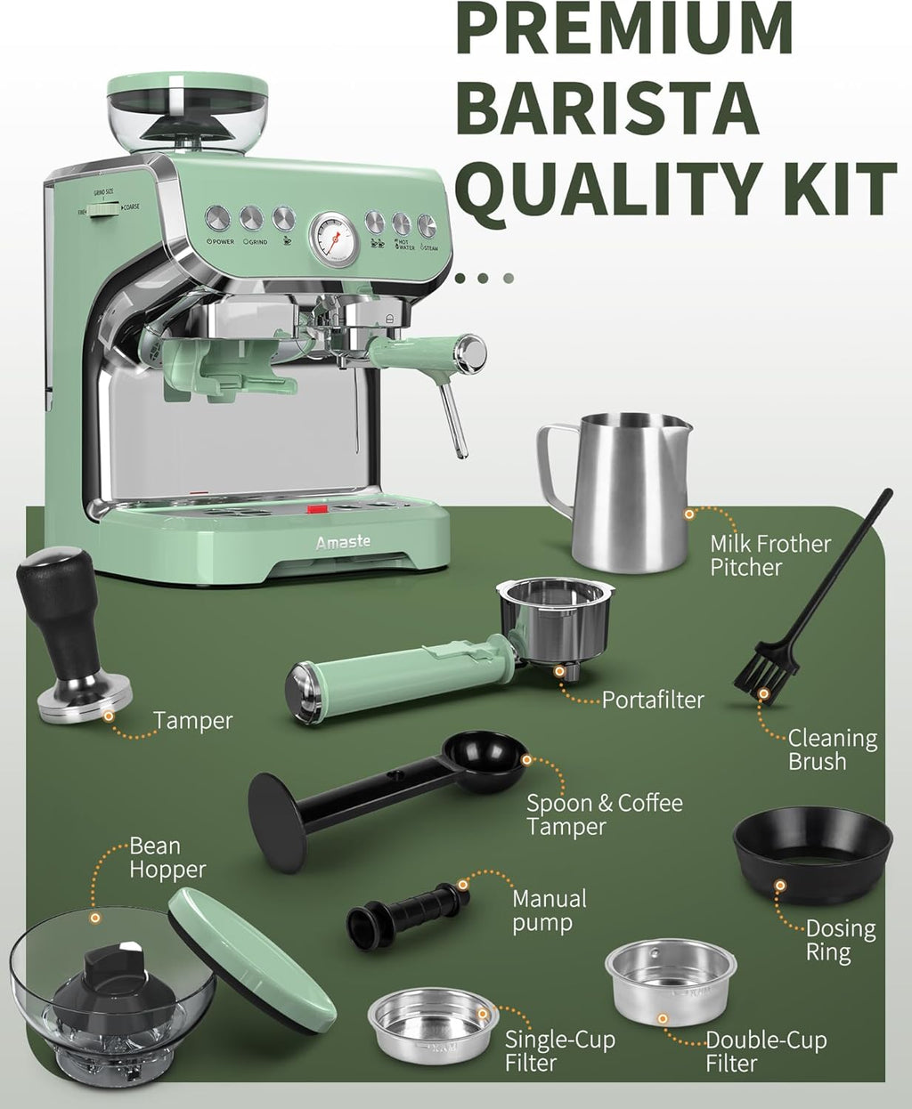 15 Bar Espresso Machine with Grinder and Steam Wand, 68Oz Water Tank, Green C952046