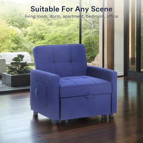 Blue Velvet Convertible Sleeper Sofa Bed with 2 Pillows Q986