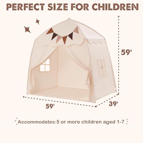 Cream Extra Large Kids Play Tent with Flags & Star Lights, 59x39x59 in Y369273