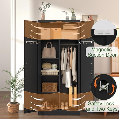 Black Metal Armoire Wardrobe with 2 Doors, 1 Adjustable Shelf, 2 Drawers, and Hanging Rod S392