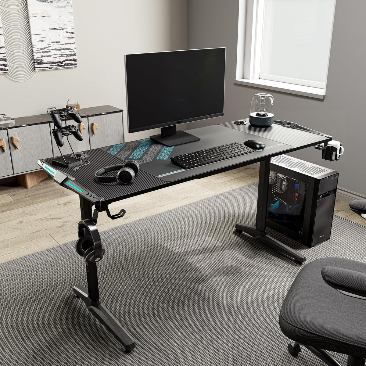55 Inch Black Gaming Desk with USB Ports E317