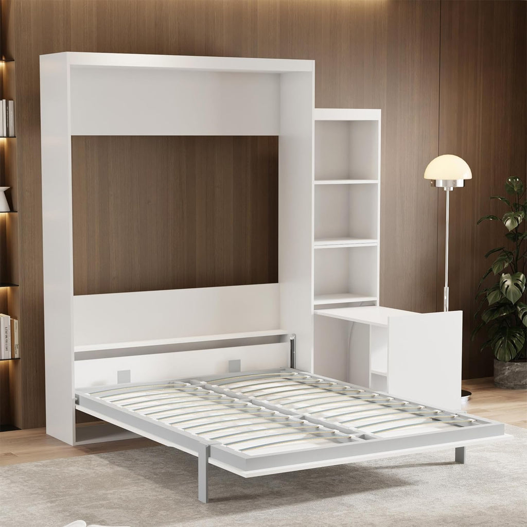 White Queen Size Vertical Murphy Bed with Desk and Drawers U2286