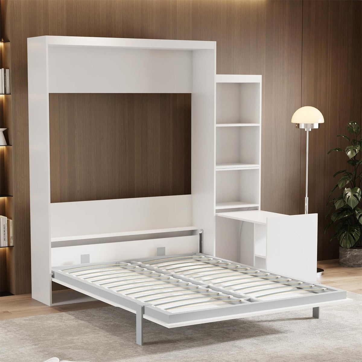 White Queen Size Vertical Murphy Bed with Desk and Drawers U2286