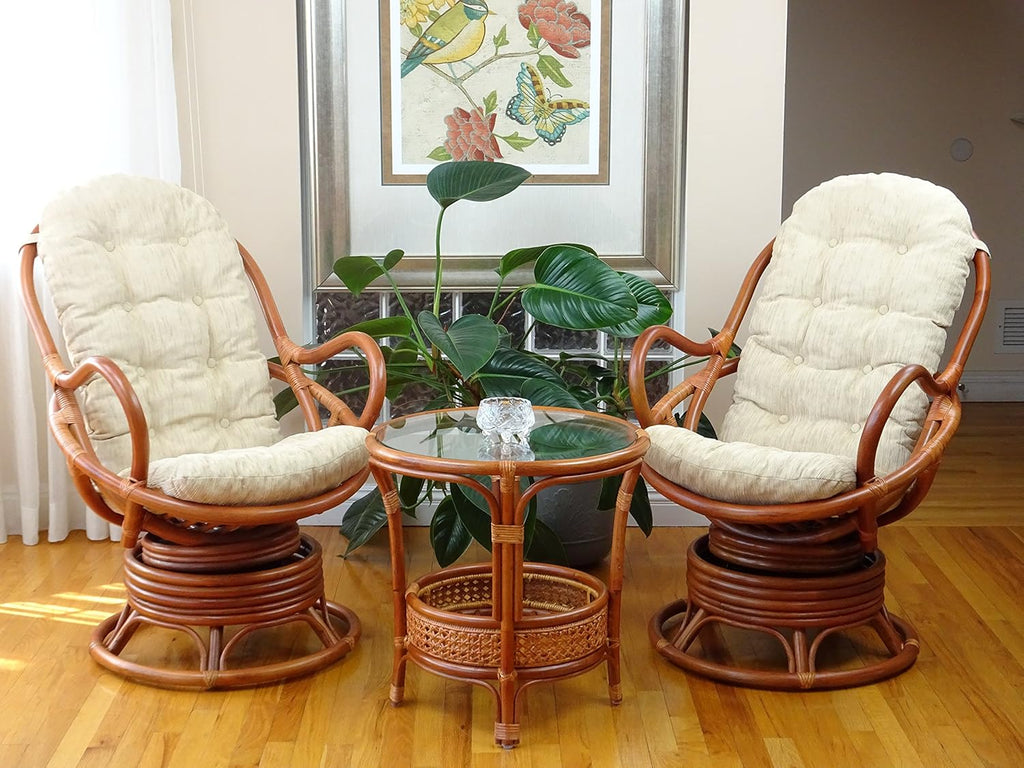 2 PC Natural Rattan Swivel Rocking Chair Set with Cream Cushion and Coffee Table H26882