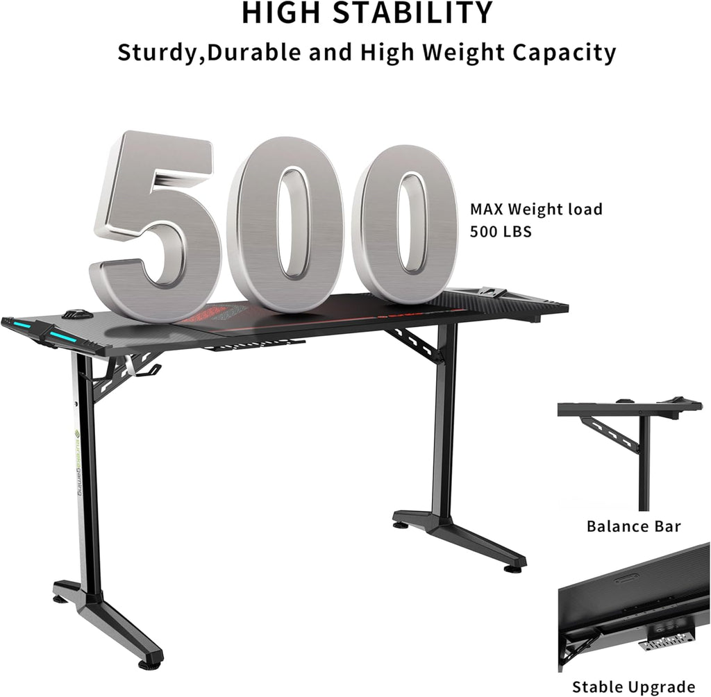55 Inch Black Gaming Desk with USB Ports E317