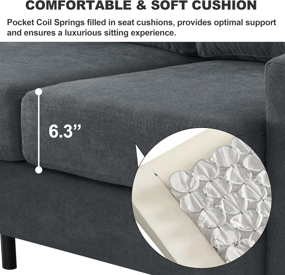 Dark Gray Fabric L Shaped Sectional Sofa with Storage Ottoman B2055