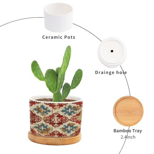 Blue And White Porcelain Ceramic Round Plant Pot with Drainage Holes And Bamboo Tray V316411